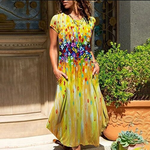 

Mulheres Vestido Swing Verde Amarelo Manga Curta Floral Bolsos Primavera Verão Gola Redonda Final de semana Ajuste Largo 2022 S M L XL XXL 3XL