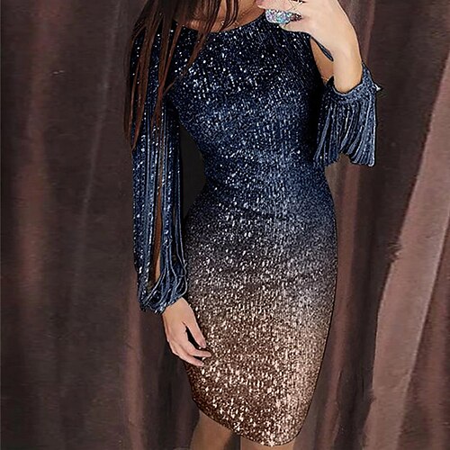 

Women's Sheath Dress Short Mini Dress Dark Blue Long Sleeve Color Gradient Sequins Spring Summer Round Neck Party Stylish 2022 S M L XL / Party Dress