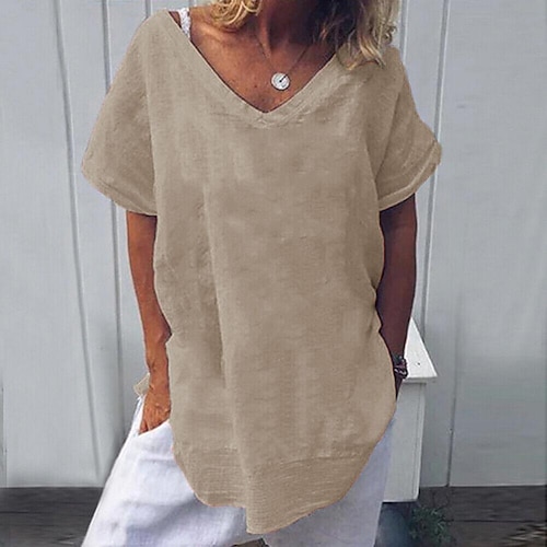 

spring summer bat short-sleeved v-neck solid color cotton linen t-shirt casual women's clothing