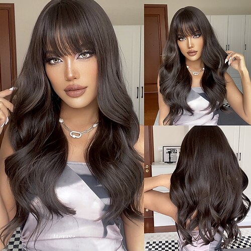 

HAIRCUBE Dark Brown Long Wave Wigs With Natural Brown Auburn Blonde Wavy Hair For Women