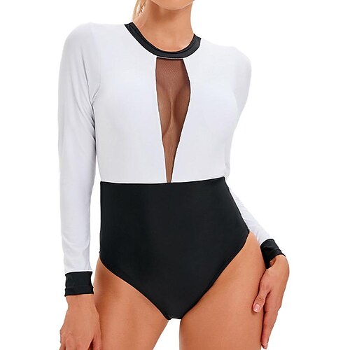 

Women's Swimwear Rash Guard Diving Plus Size Swimsuit Tummy Control Open Back Mesh High Waisted Pure Color White Scoop Neck Bathing Suits Sports Vacation Fashion / Modern / New