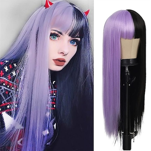 

Half Purple Half Black Long Straight Lolita Wig Cosplay Bangs Hair Natural Synthetic Wig for Women Girl