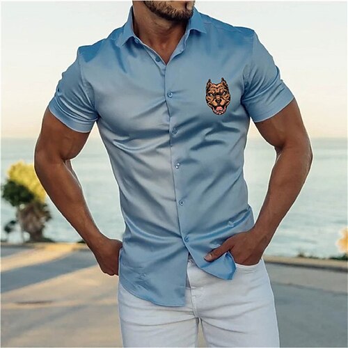 

Men's Shirt Hot Stamping Dog Graphic Patterned Turndown Street Casual Button-Down Print Short Sleeve Tops Designer Casual Fashion Big and Tall Blue / Summer