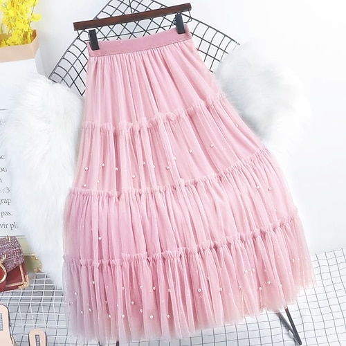 

Women's Skirt A Line Midi Chiffon Green Blue Purple Pink Skirts All Seasons Beaded Chiffon Elegant Princess Birthday Party Festival One-Size / Loose Fit