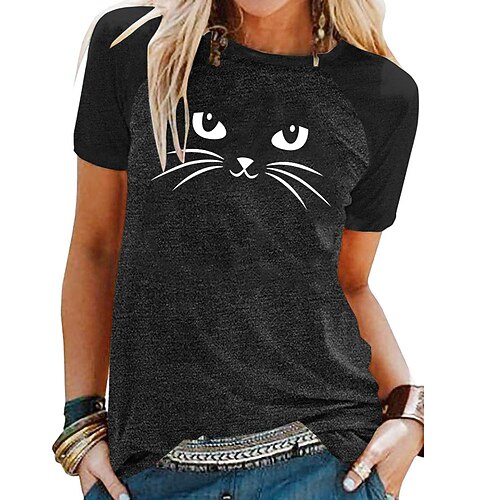 

Women's Casual Daily Holiday Cat T shirt Dress Cat Graphic Patterned Short Sleeve Print Round Neck Basic Tops Green Blue Light gray S
