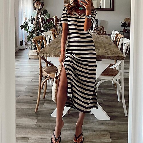 

Women's Shift Dress Maxi long Dress White Short Sleeve Striped Print Summer Spring V Neck Casual 2023 S M L XL