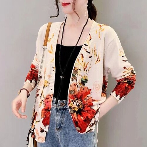 

Women's Cardigan Sweater Jumper Knit Knitted Button Floral V Neck Stylish Casual Daily Going out Fall Spring Pink One-Size / Long Sleeve / Regular Fit / Print