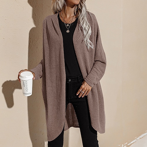 

Women's Cardigan Sweater Jumper Waffle Knit Knitted Pure Color Open Front Stylish Casual Outdoor Daily Drop Shoulder Spring Summer Coffee Gray S M L / Long Sleeve / Holiday / Regular Fit / Going out