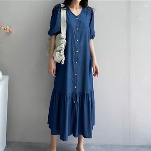 

Women's Shift Dress Denim Dress Midi Dress Blue Light Blue Short Sleeve Pure Color Ruffle Spring Summer V Neck Weekend Loose Fit 2022 S M L XL