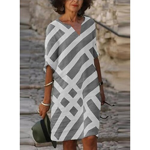 

Women's Casual Dress Midi Dress Black and white stripes Purple Gray 3/4 Length Sleeve Striped Patchwork Fall Spring Autumn V Neck Basic Loose Fit 2022 S M L XL XXL 3XL