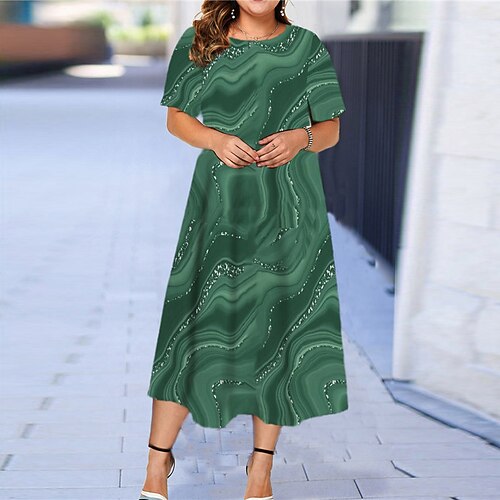 

Women's Plus Size Holiday Dress Color Gradient Crew Neck Print Short Sleeve Spring Summer Work Maxi long Dress Date Work Dress