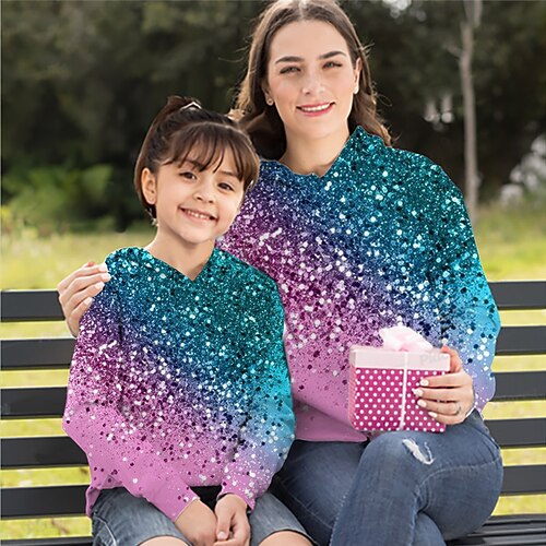 

Mommy and Me Hoodie Graphic Patterned Sports Outdoor Print Blue Purple Long Sleeve Active Matching Outfits