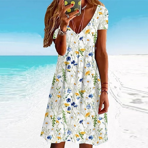 

Mujer Vestido informal Vestido de cambio Blanco Manga Corta Floral Estampado Primavera Verano Escote en Pico 2022 S M L XL XXL 3XL