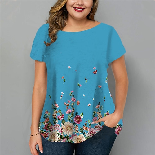 

Women's Plus Size Tops T shirt Tee Floral Print Short Sleeve Crewneck Streetwear Preppy Daily Going out Cotton Spandex Jersey Spring Summer Green Blue