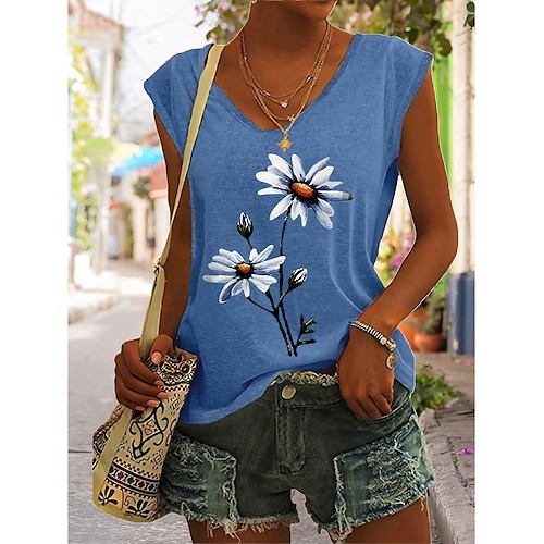 

cross-border 2021 spring and summer new amazon popular women's top loose round neck flower print sleeveless t-shirt women