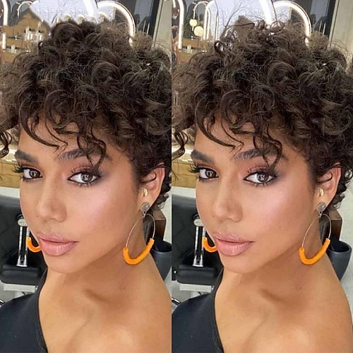 

Human Hair Wig Short Curly Pixie Cut Natural Black Adjustable Natural Hairline For Black Women Machine Made Capless Brazilian Hair Women's All Natural Black #1B 4 inch Daily Wear Party & Evening