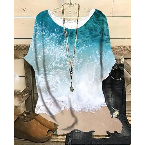 

Women's Plus Size Tops Blouse Shirt Color Gradient Print Half Sleeve Crewneck Streetwear Daily Sports Cotton Spandex Jersey Spring Summer Blue
