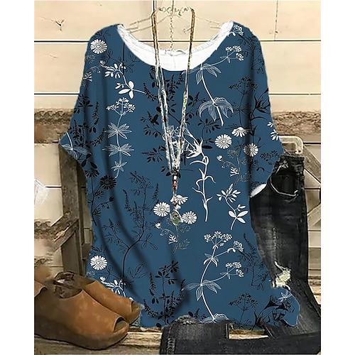 

Women's Plus Size Tops Blouse Shirt Floral Print Short Sleeve Crewneck Streetwear Daily Going out Cotton Spandex Jersey Spring Summer Blue