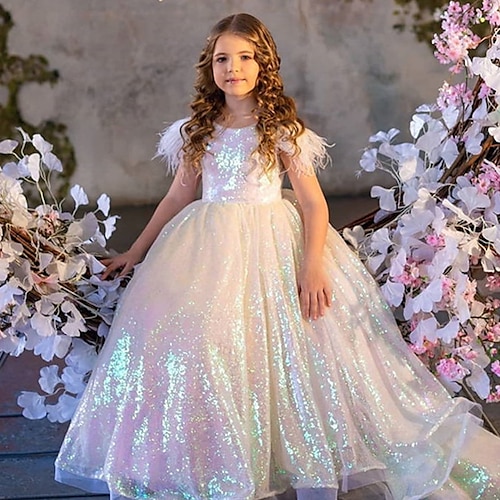 

Kinder Wenig Mädchen Kleid Pailletten A Linie Kleid Leistung Gitter Glanz Beige Maxi Kurzarm Prinzessin Süß Kleider Frühling Sommer Regular Fit 3-10 Jahre