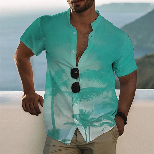 

Men's Shirt Summer Hawaiian Shirt Graphic Shirt Coconut Tree Stand Collar Blue Purple Dusty Blue Orange 3D Print Outdoor Casual Short Sleeve Button-Down Print Clothing Apparel Fashion Designer Casual