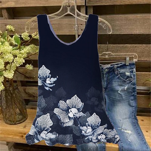 

Women's Plus Size Tops Tank Top Floral Print Sleeveless V Neck Streetwear Daily Holiday Cotton Spandex Jersey Spring Summer Blue