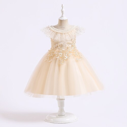 

Kids Little Girls' Dress Solid Colored Flower A Line Dress Party New Baby Sequins Embroidered Champagne Knee-length Sleeveless Princess Cute Dresses Spring Summer Slim 3-12 Years