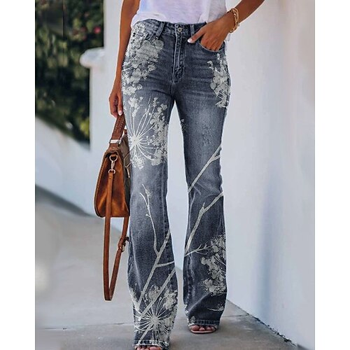 

Women's Flare Chinos Pants Trousers Bell Bottom Faux Denim Green Gray Mid Waist Fashion Casual Weekend Print Micro-elastic Full Length Comfort Flower / Floral S M L XL XXL