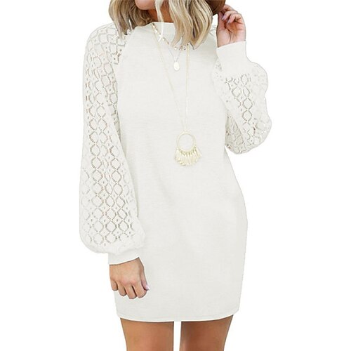 

Women's Knit Dress Short Mini Dress Green White Black Yellow Red Brown Long Sleeve Solid Color Lace Spring Summer High Neck Stylish Elegant Casual 2022 S M L XL XXL