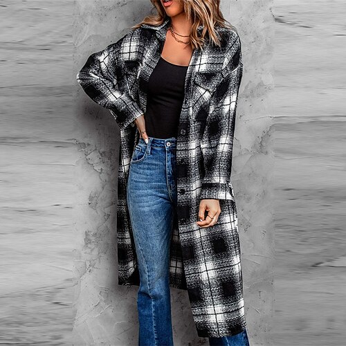 

Women's Coat Casual Jacket Street Daily Holiday Fall Winter Long Coat Regular Fit Warm Breathable Casual Streetwear Jacket Long Sleeve Plaid / Check Stylish Pocket Black Khaki Red / Print