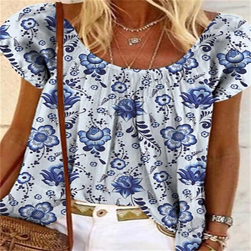 

Damen Hemd Leicht Blau Blume Kurzarm Rundhalsausschnitt S