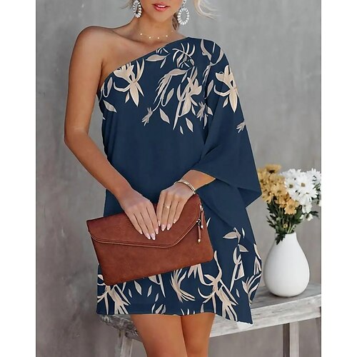 

Women's Casual Dress Short Mini Dress Leaf Navy letter Navy Printed White Black color Rose Red 3/4 Length Sleeve Print Print Fall Summer One Shoulder Elegant Casual Fashion Batwing Sleeve 2022
