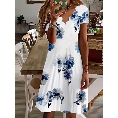 

Robe mi-longue Femme Robe casual Manche Courte Printemps Eté - Vacances Casual Imprimer Floral Col V 2023 Moins de 10 Blanche bleu marine Bleu S M L XL XXL 3XL