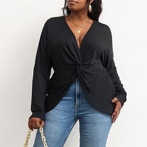 

Women's Plus Size Tops Blouse Shirt Plain Ruched Long Sleeve V Neck Streetwear Daily Going out Polyester Fall Winter Black