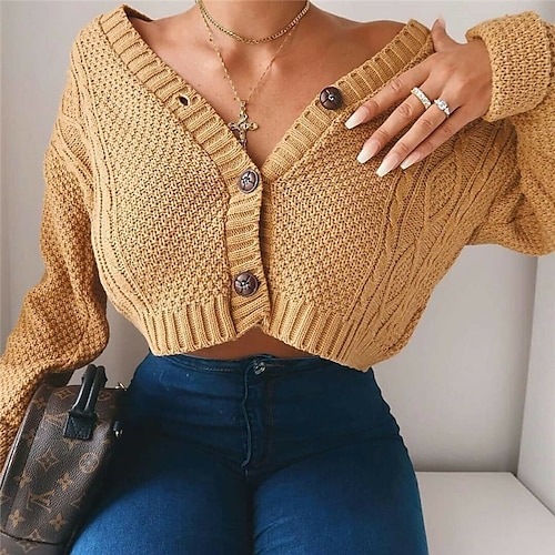 

Women's Cardigan Sweater Jumper Cable Crochet Knit Cropped Button Knitted Pure Color V Neck Stylish Casual Outdoor Daily Spring Summer Pink Camel S M L / Cotton / Long Sleeve / Cotton / Holiday