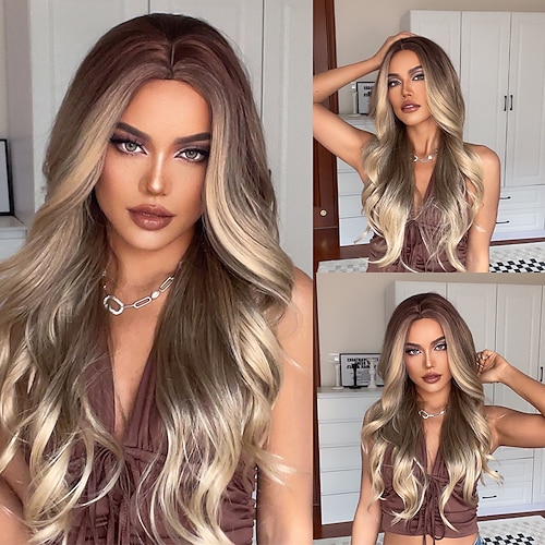 

HAIRCUBE Wigs Blonde Long Wavy Highlight Hair Middle Part Brown Black Auburn Natural Wave Synthetic Wigs For White Women
