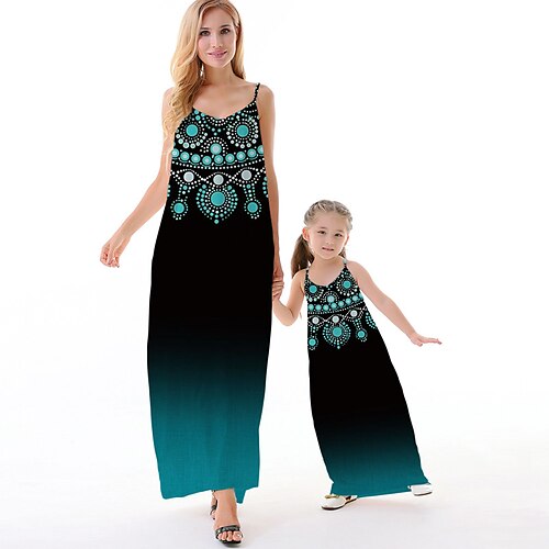 

Mommy and Me Dresses Floral Daily Backless Blue Sleeveless Maxi Strap Dress 3D Print Active Matching Outfits / Vacation / Spring / Summer / Casual