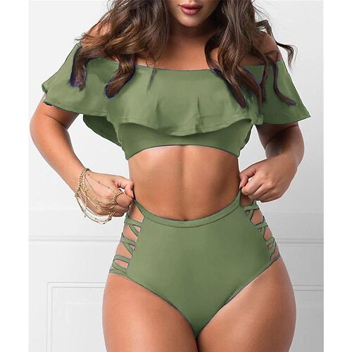 

Women's Swimwear Bikini 2 Piece Normal Swimsuit Ruffle Open Back High Waisted Pure Color Green White Yellow Rosy Pink Crop Top Off Shoulder Bathing Suits New Vacation Fashion / Sexy / Modern