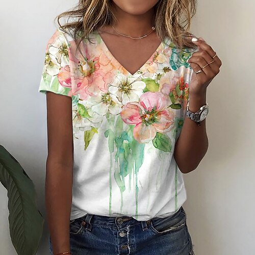 

Women's T shirt Tee Green Floral Print Short Sleeve Casual Holiday Basic V Neck Regular Floral Painting S