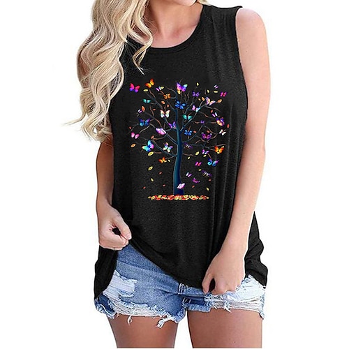 

Damen Tank Top Camis Schwarz Blau Purpur Baum Schmetterling Bedruckt Ärmellos Täglich Wochenende Strassenmode Brautkleider schlicht Rundhalsausschnitt Standard Blume Schmetterling S