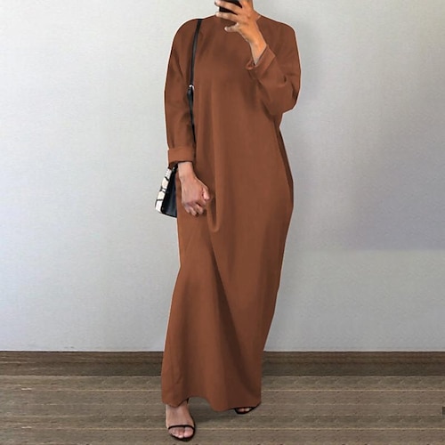 

Women's Swing Dress Maxi long Dress Blue Yellow Brown Long Sleeve Pure Color Ruched Spring Summer Round Neck Stylish Elegant 2022 S M L XL XXL 3XL 4XL 5XL