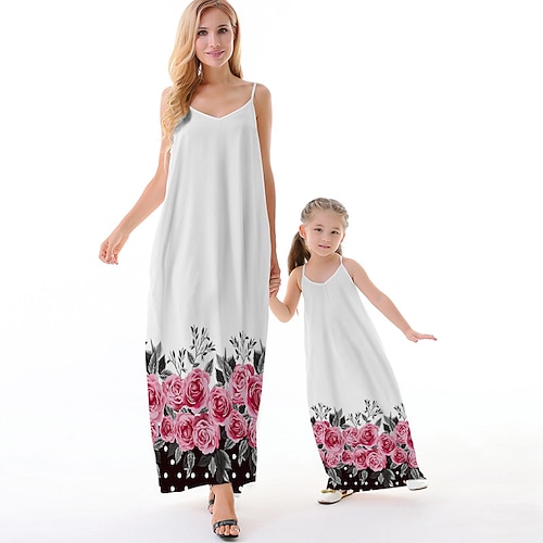 

Mommy and Me Dresses Floral Causal Backless White Sleeveless Maxi Strap Dress Active Matching Outfits