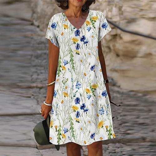 

Mulheres Vestido casual Vestido de turno Vestido midi Branco Manga Curta Floral Imprimir Primavera Verão Decote V Férias 2023 S M L XL XXL 3XL
