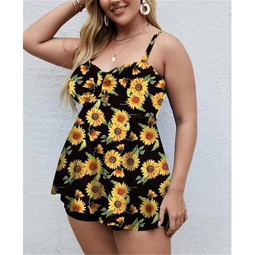 

Women's Swimwear Tankini 2 Piece Plus Size Swimsuit Open Back Printing High Waisted Floral Leaves Green Black Yellow Rosy Pink Wine Camisole Strap Bathing Suits New Vacation Fashion / Modern