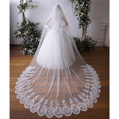 

Two-tier Lace Applique Edge / Lace Wedding Veil Cathedral Veils with Embroidery / Appliques 137.8 in (350cm) Tulle