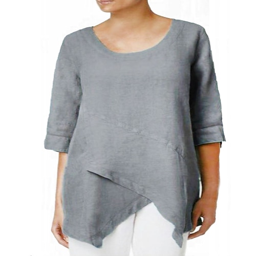 

Women's Plus Size Tops Blouse Shirt Plain 3/4 Length Sleeve Crewneck Basic Daily Going out Cotton Spring Summer White Gray