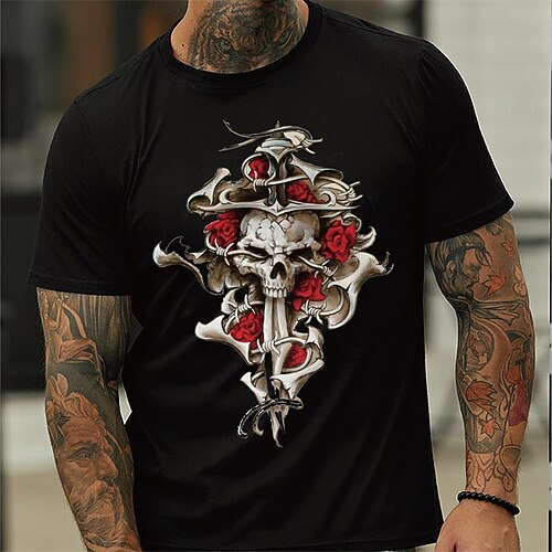 

Men's Unisex T shirt Tee Skull Rose Crew Neck Blue Gray White Black Print Outdoor Street Short Sleeve Print Clothing Apparel Sports Designer Casual Big and Tall / Summer / Summer