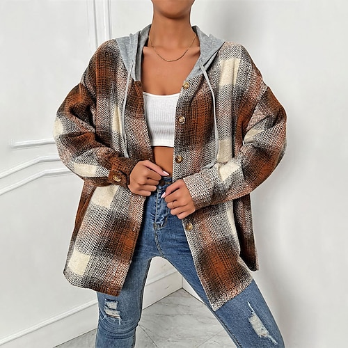 

Women's Casual Jacket Hoodie Jacket Street Daily Holiday Fall Winter Regular Coat Regular Fit Warm Breathable Streetwear Casual Shacket Jacket Long Sleeve Plaid / Check Pocket Stylish Black Wine