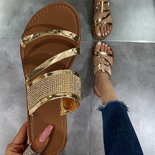 

Women's Slippers Home Daily Outdoor Slippers Summer Rhinestone Flat Heel Round Toe Open Toe Casual EVA(ethylene-vinyl acetate copolymer) Loafer Solid Colored Silver Gold