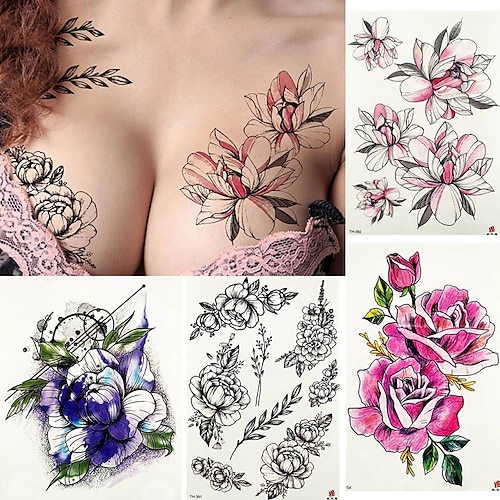 

4 pcs Pink Peony Women Chest Big Tattoo Stickers Body Arm Leaves Girls Tattoos Temporary Flash Plum Blossom Sexy Flower Tatoo Fake