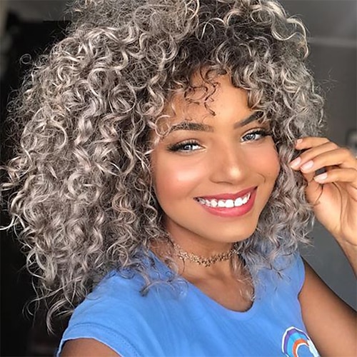 

Mongolian Kinky Curly Hair Wig Synthetic Black Mixed Silver Color Afro Wigs for African Women